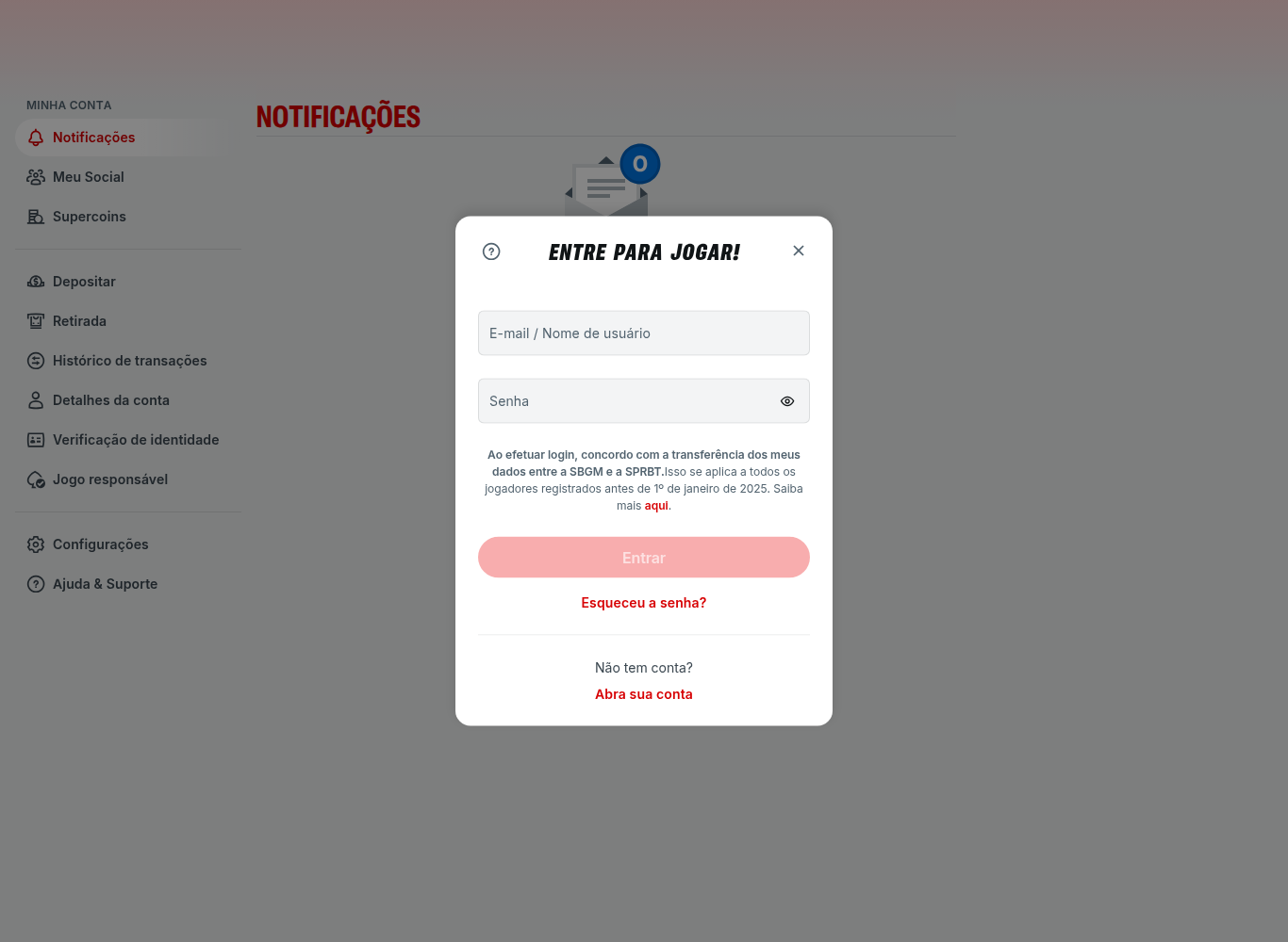 Tela de login e cadastro da Superbet