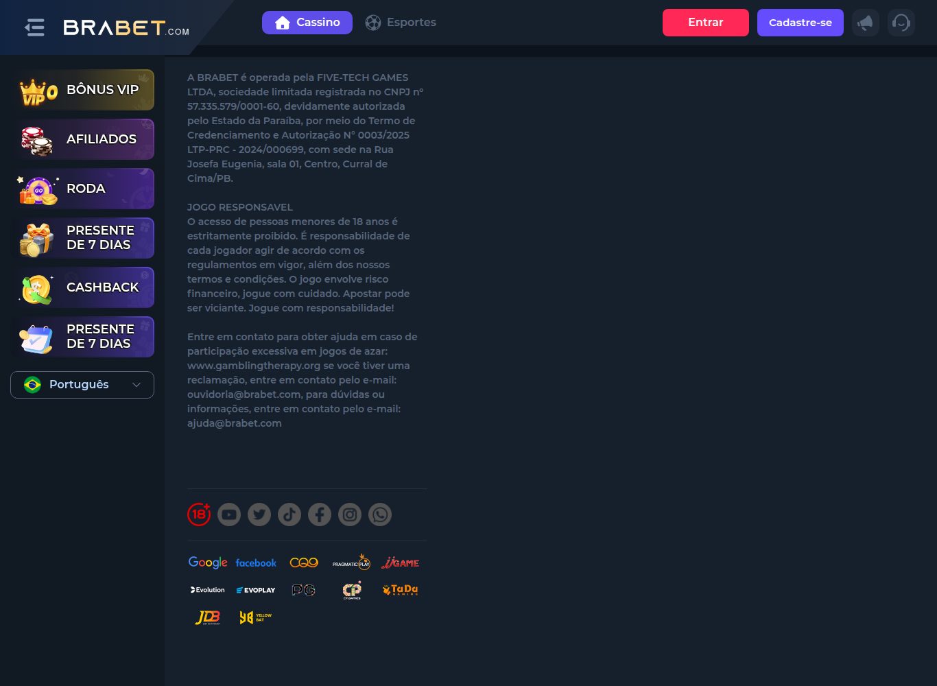 Brabet: entrada do site com IP do Brasil (outubro de 2026)